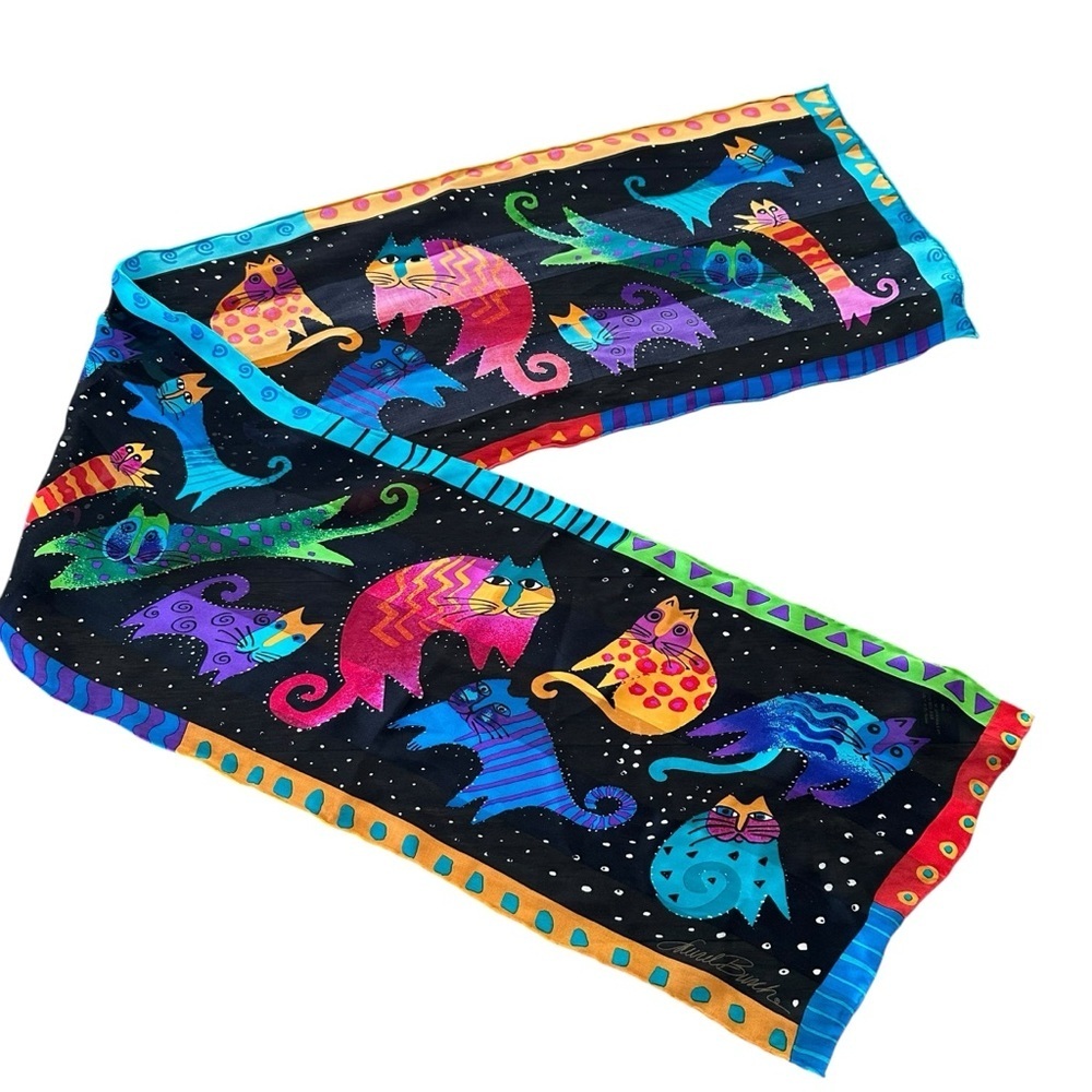 Laurel Burch For‎ The Honey Collection 100% Silk Cat Print Scarf Black Colorful
